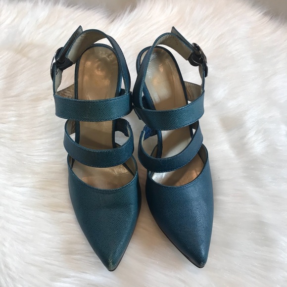 John Fluevog Teal Embossed Pointed Cutout Heels - Picture 4 of 8